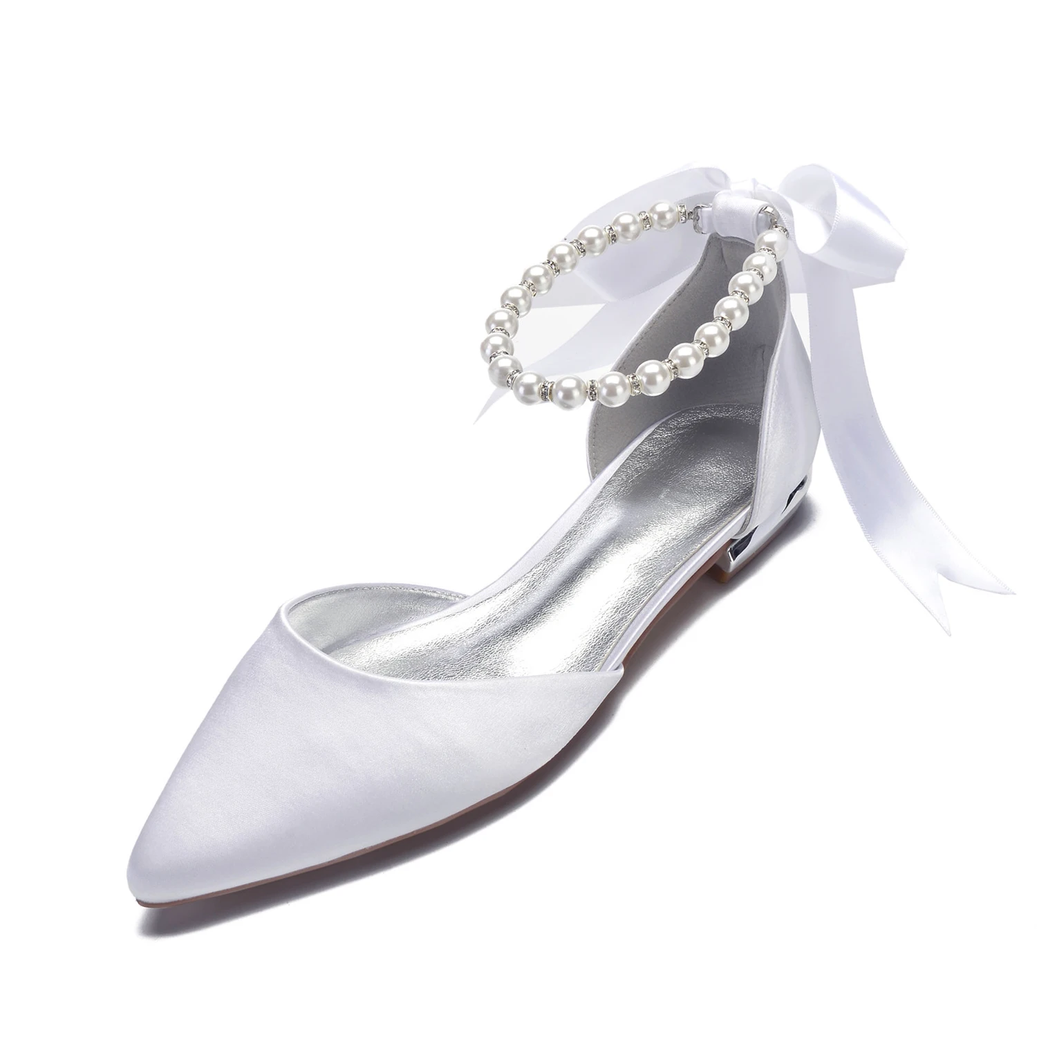 Fine Pearl Satin Wedding Bridal Flats Shoes Women Pointed Toe Prom Evening Formal Cocktail Party Slingback Shoes Flat