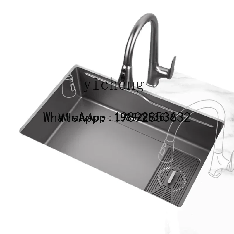 LYY 304 Stainless Steel Sink Large Single Sink Kitchen Vegetable Basin Nano Antibacterial Gun Gray