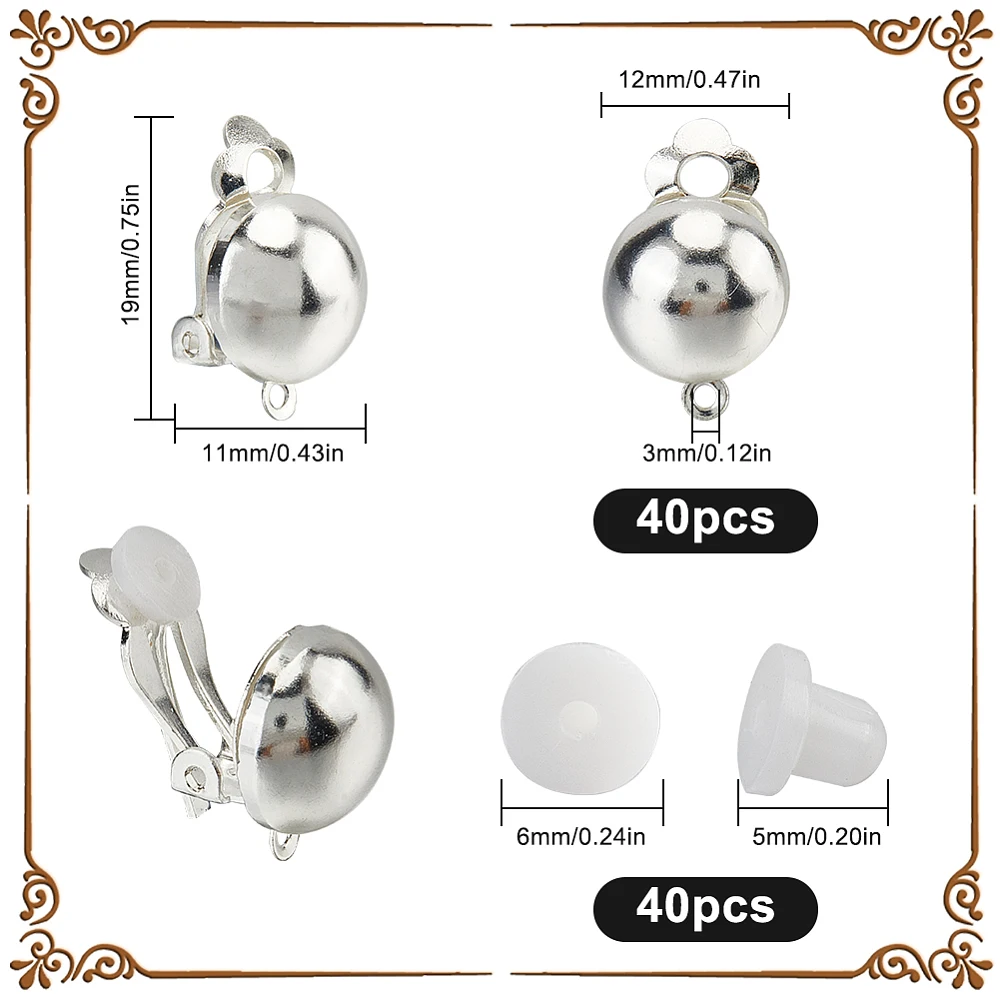 40Pcs Clip on Earring Clips Silver Earring Converters with Plastic Ear Pads Brass Small Non Pierced Clip Components Earring