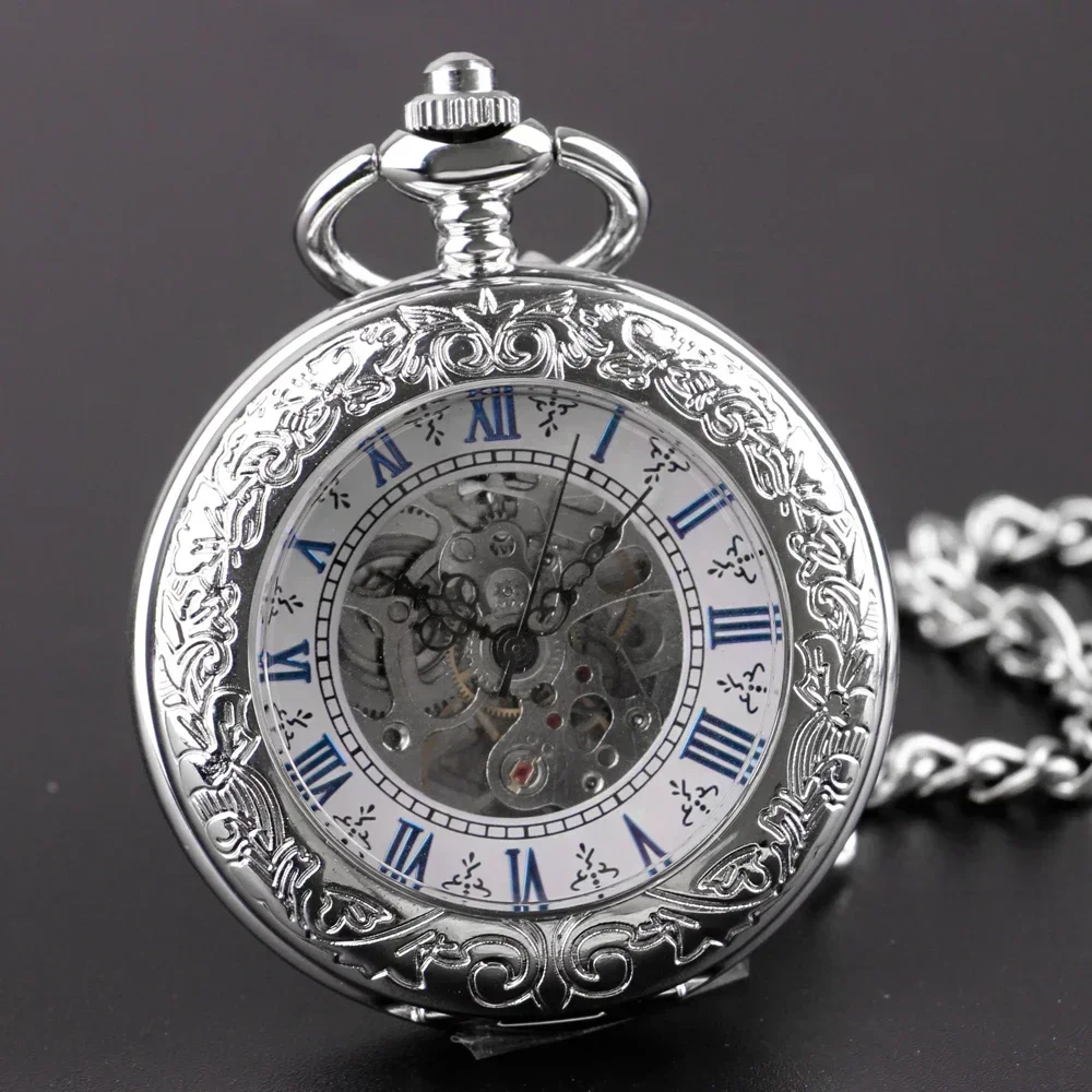 

Antique Full Silver Stainless Steel Pocket Watch Mechanical Men Steampunk Vintage Hand-wind Engraved Fob Pendant Clock Women