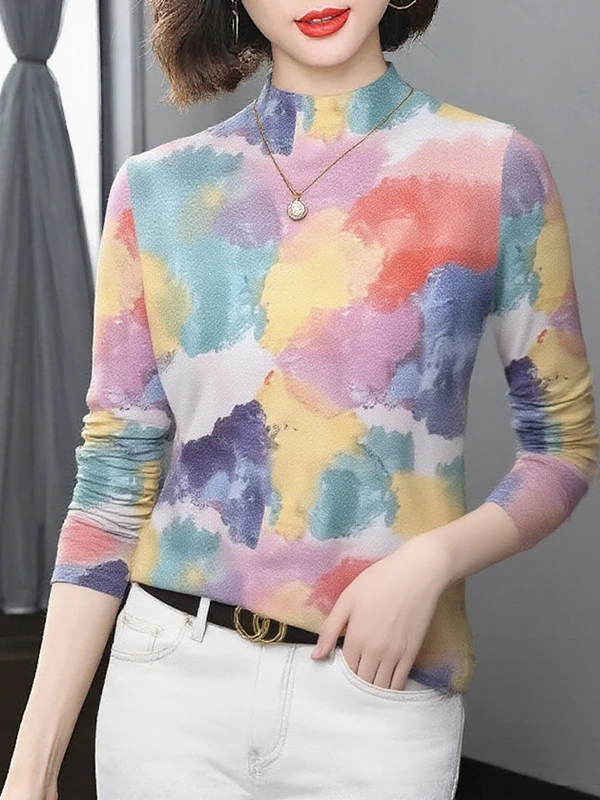 

Элегантная женская утепленная футболка с длинным рукавом, модная высококачественная блузка с принтом и воротником-стойкой, топ для ношения под одеждой