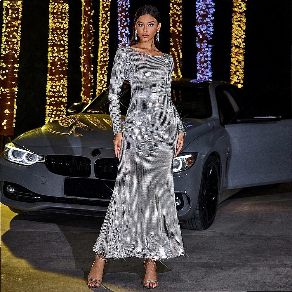 Sexy Long Sleeve Evening Dress Sparkly Party Gown Bodycon Floor Length Dresses Spring Summer