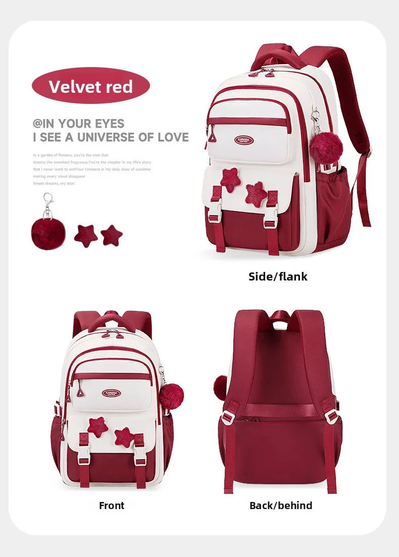 Primary Middle School Backpack for Girls Cute Backpack for School Pink School Bag for Teen Girls with Star Pins Furry Pendant
