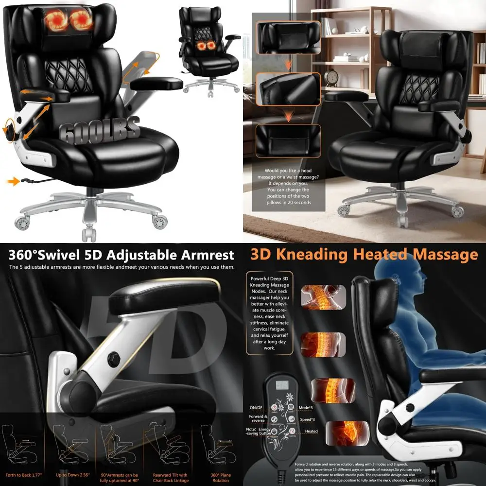 Cadeira de escritório grande e alta de 600 libras com massagem aquecida de amassar 3D, cadeira de mesa de escritório executiva resistente e confortável com braços articulados 5D