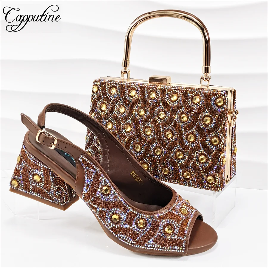 Coffee Women Shoes And Bag Set African Ladies High Heels Sandals Match With Handbag Luxury Pumps Clutch Femmes Sandales YMD2301