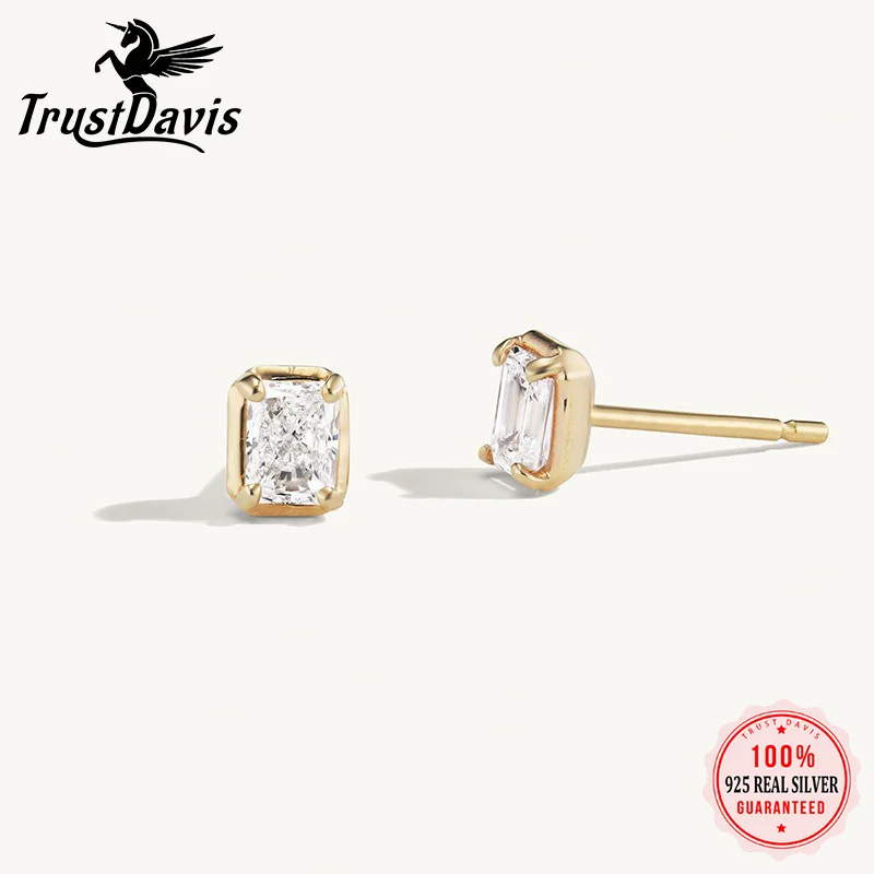Trustdavis Real 925 Silver Fashion and Simple Square Zircon Stud Earrings for Women Daily Wear Jewelry Gift DS4800