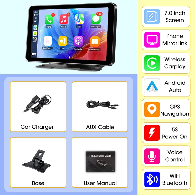 7 inch draagbare autoradio draadloze CarPlay Android Auto WIFI multimedia videospeler auto intelligent systeem 5G WIFI BT FM AUX