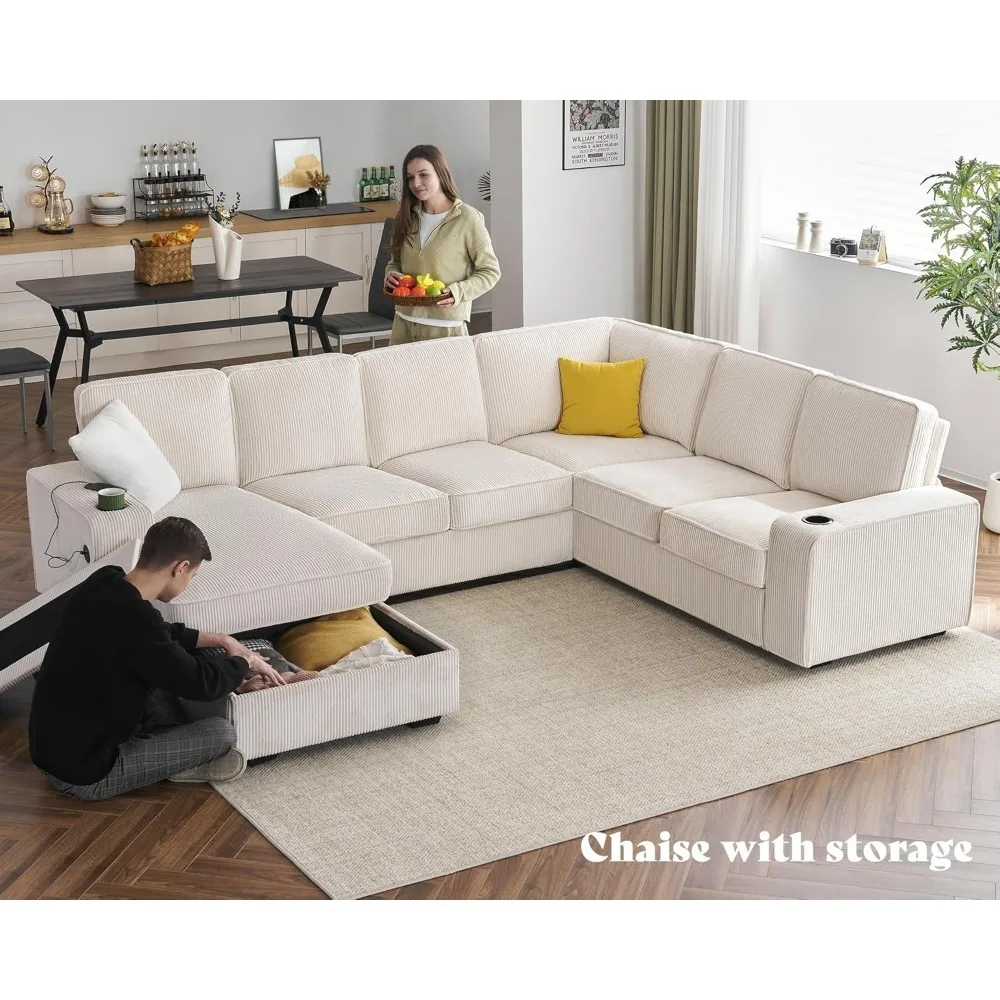 U Shaped Sofa, 7 Convertible Seater Sofa with USB Ports, Sectional Couch with Storage Chaise, Corduroy Beige, Couch Living Room