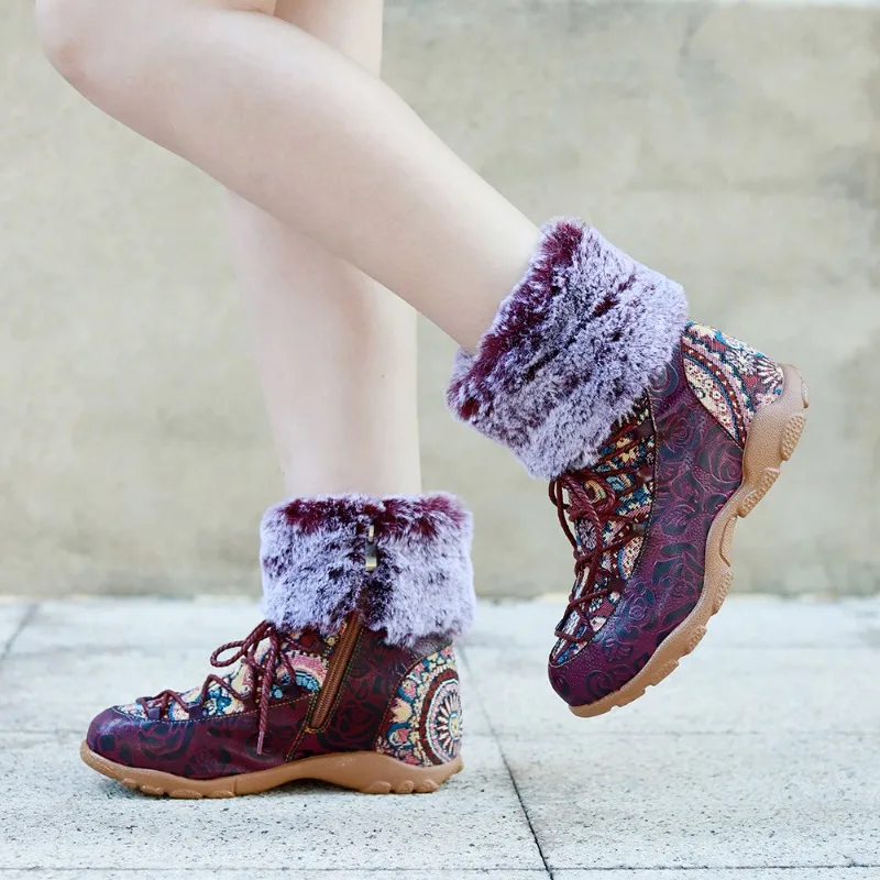 

Genuine Leather Shoes Women Ankle Boots Side Zipper Cross Tied 2025 Winter Round Toe Print Handmade Ethnic Colorful Velvet Boots