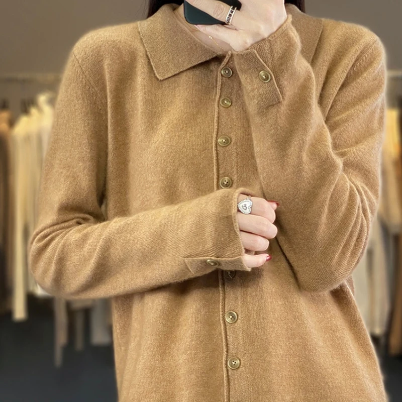 

Merino Wool Polg Collar Cardigan For Women's Autumn Winter Long Sleeved Solid Color Button Down Cashmere Knit Jacket Basic Top