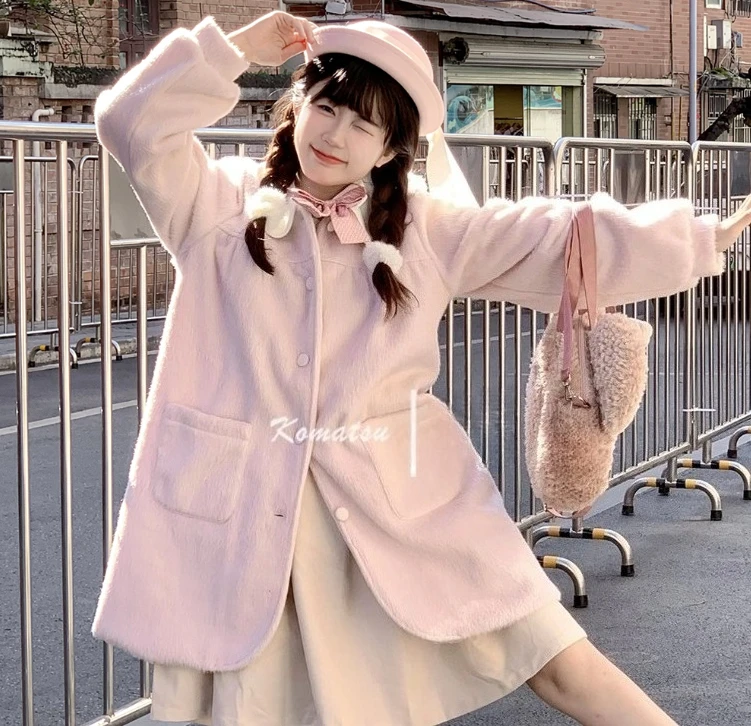 Winter Lolita Fashion Thickened Sweet Peter Pan Collar Coat Cute Girls Woolen Loose Versatile Age-reducing Long-sleeved Tops