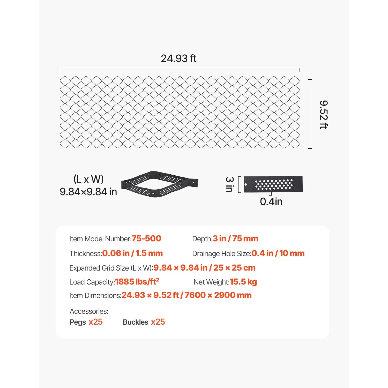 Gravel Grid, 3 Inch Depth, 24.93 x 9.52 FT / 7600 x 2900 mm, 1880 LBS Per Sq ft Grass Ground Retainer, Permeable Geo Grids Driveway Stabilization, for Garden, Patio, Walkway, RV Parking Slopes