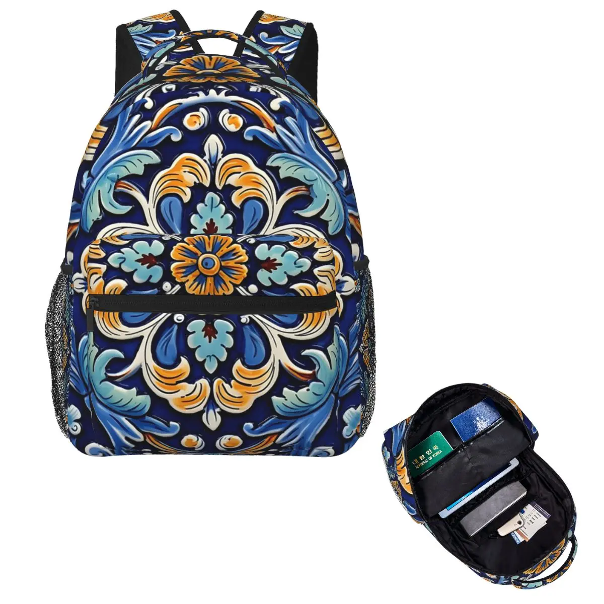 Decorative Spanish Ceramic Tile Print Student Backpack School Bag Hiking Travel Daypack Men Women Fashion Bookbag Shoulder Bags