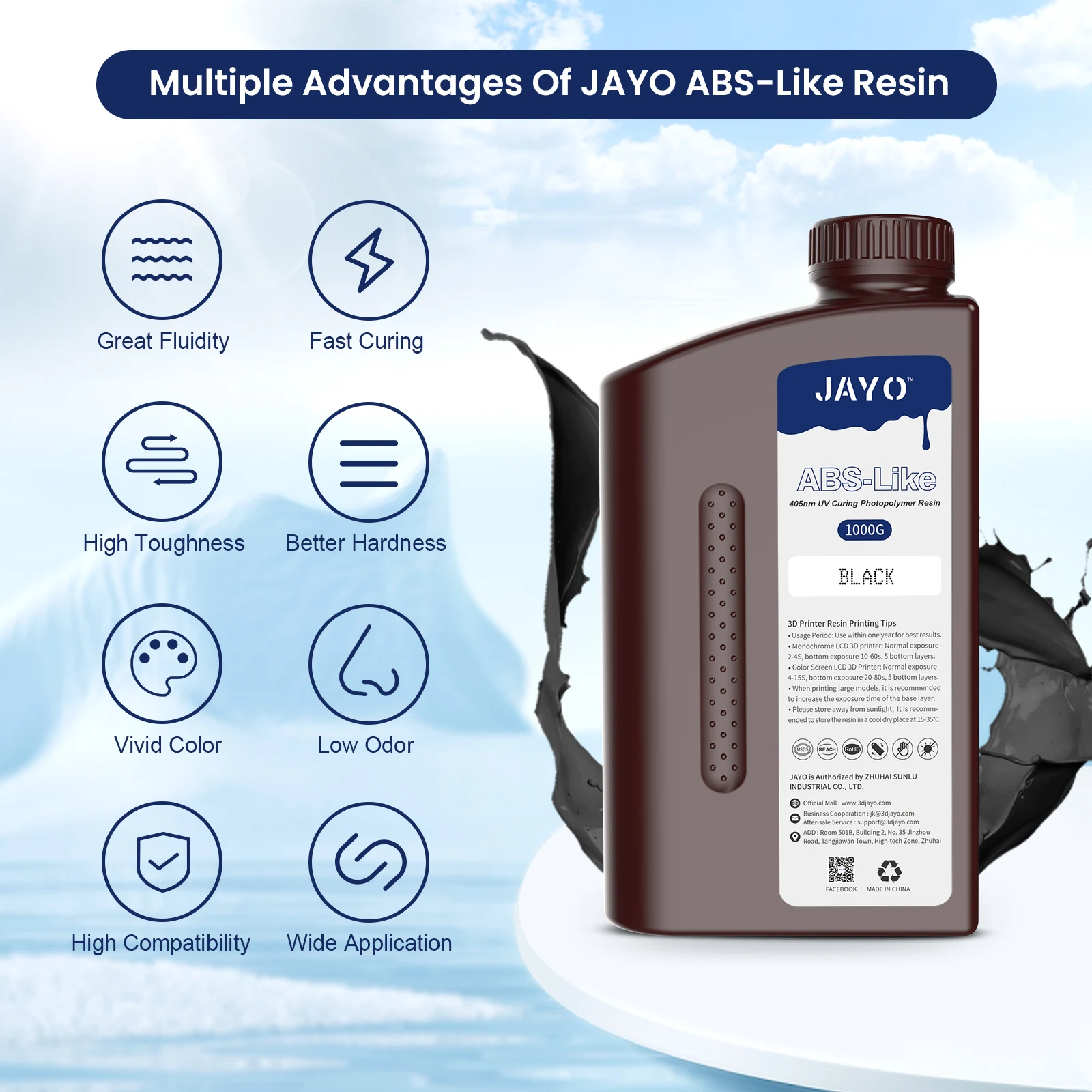 JAYOABS-Like/ Standard/PA-Like/High Temp/Though 3D Printer Resin 10KG 395-405nm UV Curing Photopolymer Rapid Resin for LCD/DLP