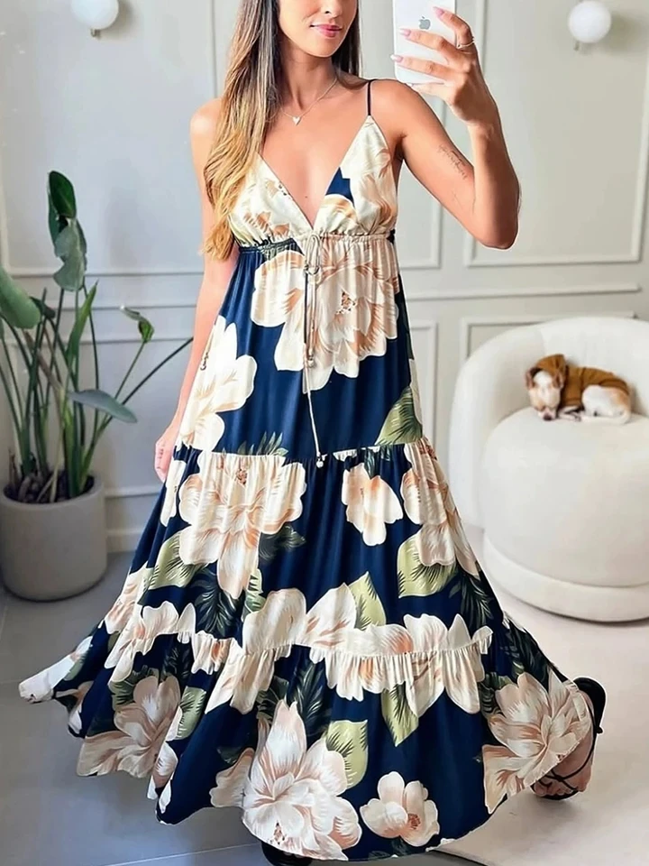 

Elegant Lady Print Bohemian Style Vacation Dress Casual V-neck Sleeveless Halter Dress Summer High Waist Hollow Out Pleat Dress