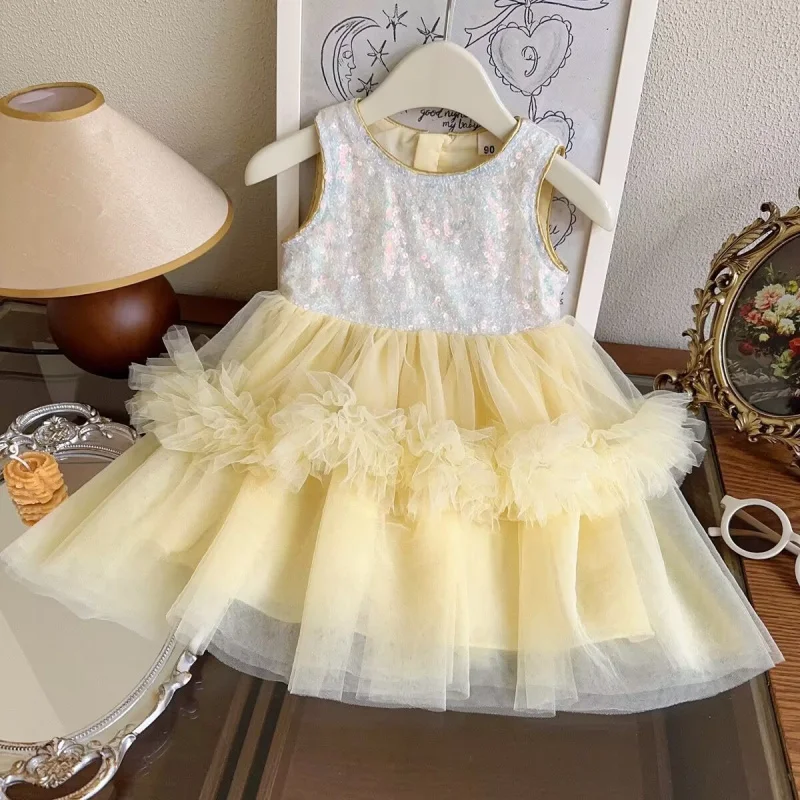 

Girls' Summer Dress2025New Heavy Embroidery Sequins Mesh Princess Dress Baby Girl Sleeveless Dress