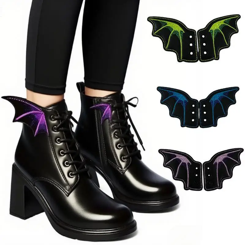 1 par de alas de zapato de murciélago, botas, zapatos de Skate, decoraciones DIY, alas de murciélago con purpurina negra para Halloween, hebilla de zapato, accesorios para botas