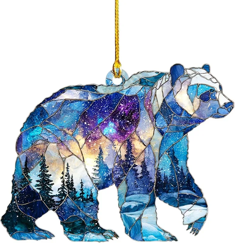 زخرفة الدب الزجاجي الملون الصناعي، ديكور شجرة عيد الميلاد للمقصورة الريفية، هدية الحياة البرية الشتوية لمحبي الطبيعة، تبادل الهدايا #1