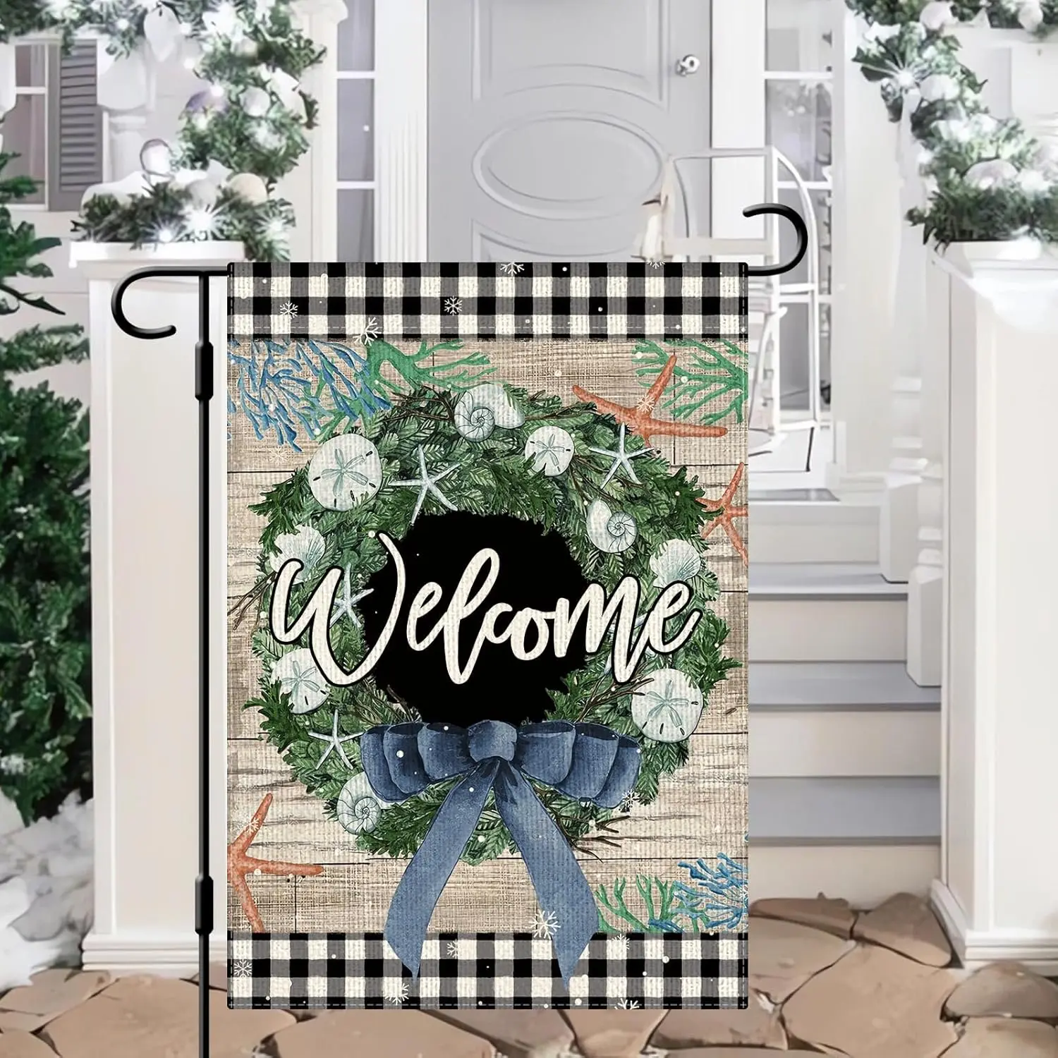 DLZDN Winter Welcome Coastal Wreath Garden Flag White Xmas Garden Flag 12×18 Inch Double Sided Vertical Rustic Farmhouse Yard Fl