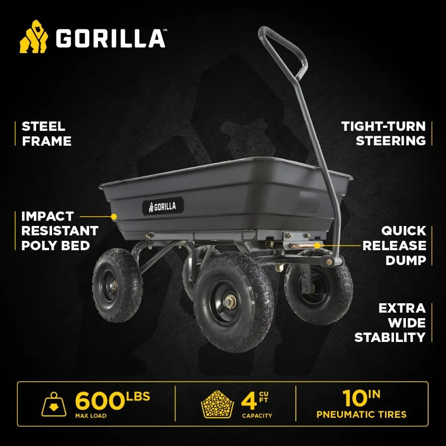 Poly Garden Dump Cart for Outdoor Use, 600 lb Capacity, 4 Cu Ft, Quick-Release Feature, Black, Heavy-Duty Polyethylene