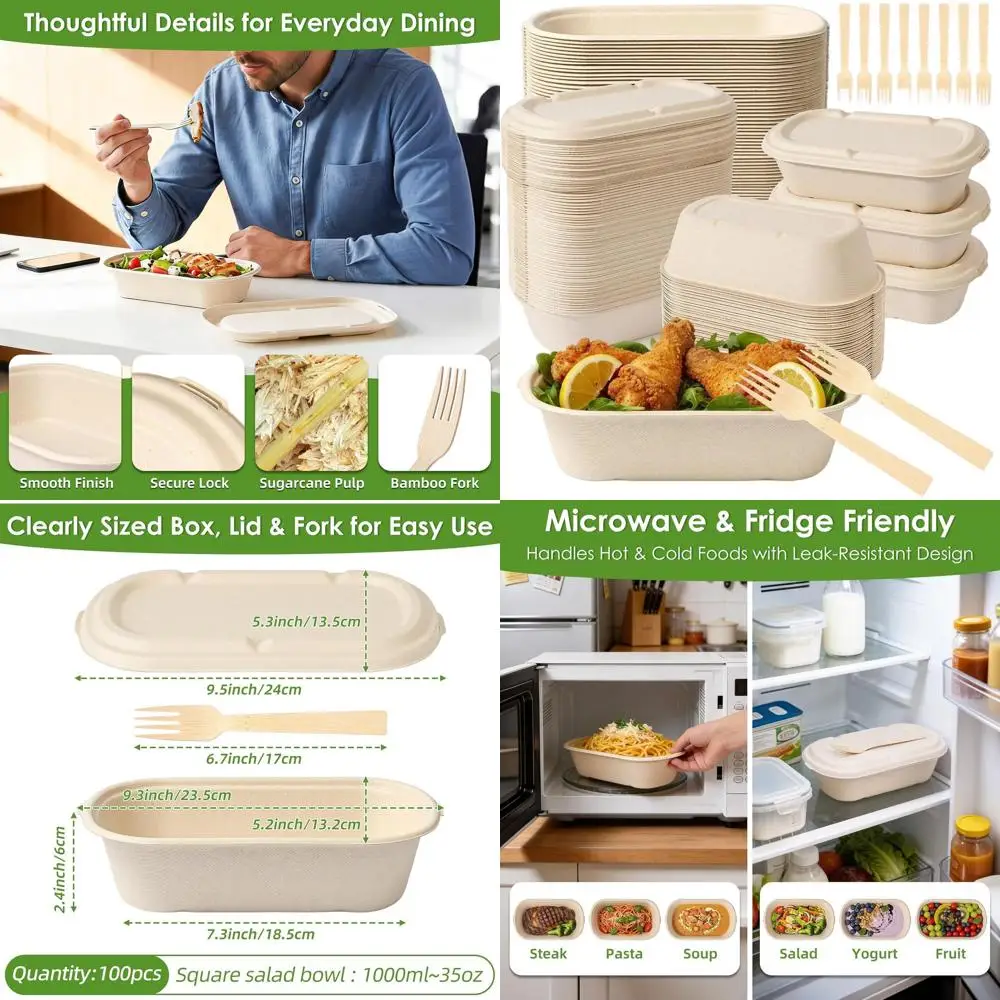 100-Count 35oz Biodegradable Meal Prep Containers with Lids and 100 Bamboo Forks for Hot or Cold Food, Microwave and Freezer Saf
