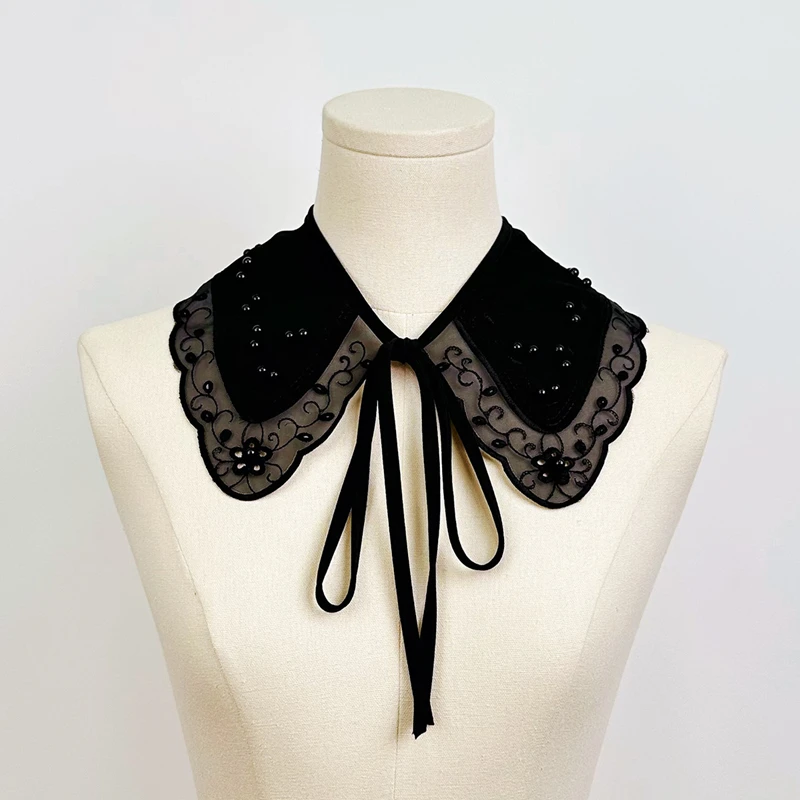 

Embroidery Lace Detachable Black Fake Collar See Through Mesh Shawl Bow Tie Ribbon Decoration Collar Floral Scarf Capelet