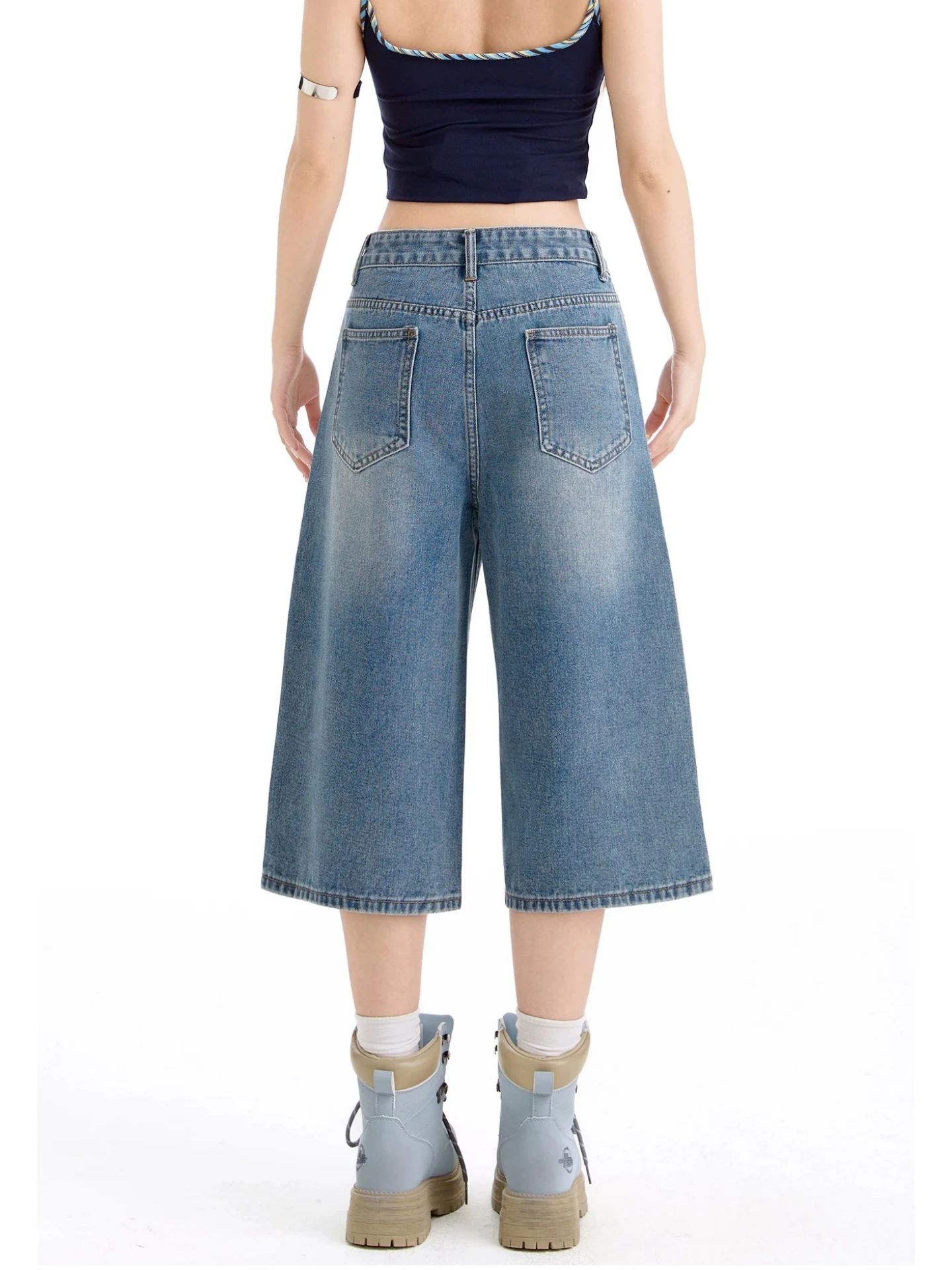 American Style High Waist Wide Leg Jeans Women's Summer Thin Loose Fit Versatile Mid-Calf Length Embroidered Casual Jeans
