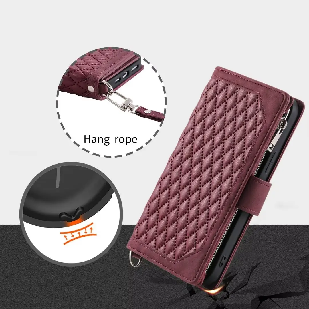 Fashion Zipper Wallet Case For OnePlus 7 Flip Cover Multi Card Slots Cover Phone Case Card Slot Folio with Wrist Strap