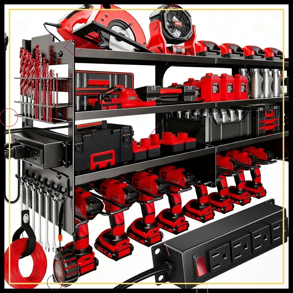 

33" Heavy Duty Metal Tool Organizer with Charging Station, 4 Layers Wall Mount Rack for Garage and Workbench