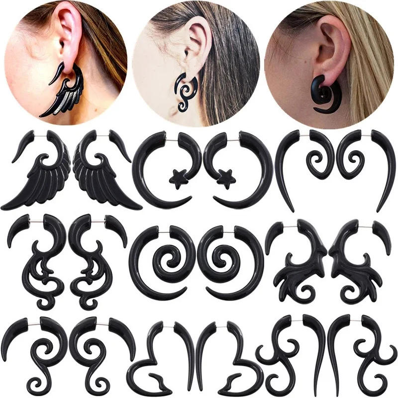 1Pair Black Acrylic Spiral Fake Ear Plug Earring For Women/Men Gothic Tapers Gauges Earring Cheater Plug Piercing Body Jewelry