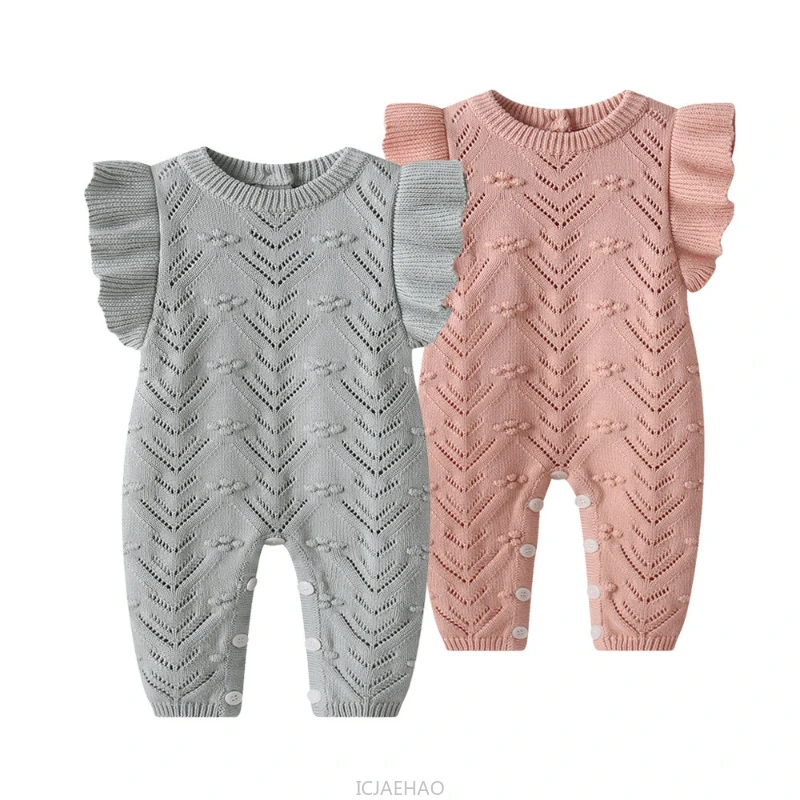 2025 Kids Fall Knit Romper Baby Children Flutter Sleeve Cotton Lace Sweater Overalls Matching Autumn Winter Outdoor Costumes