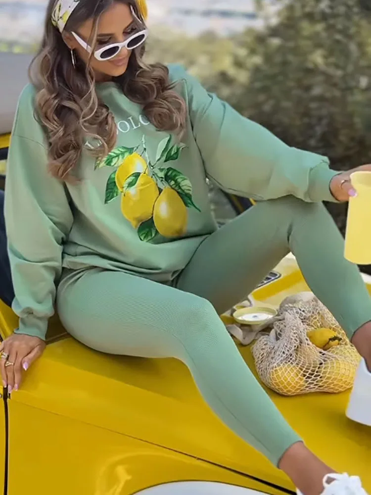 New Fashion Plants Print Sportswear Suit 2025 Spring Autumn Casual Tracksuit Women O Neck Sweatshirt Pullovers & Skinny Pant Set