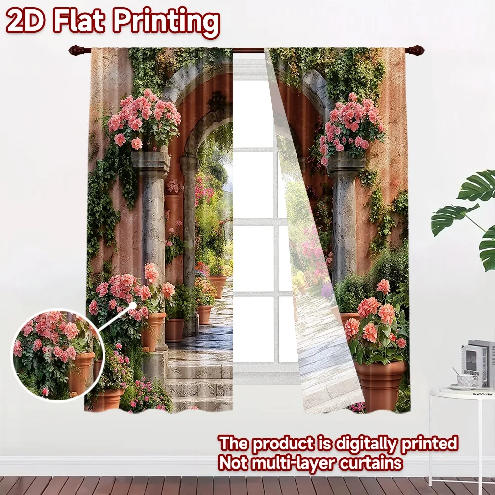 2D flat 2pcs Curtain Modern Minimalist Style Floral Garden Archway Digitally printed polyester, colorfast Festive Holiday for