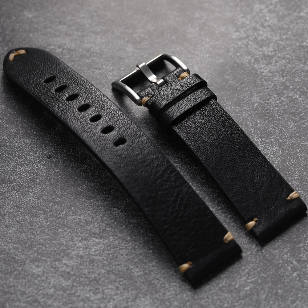 Handmade Head Layer Cowhide Leather Strap 18 19 20 21 22MM Black Brown Maroon Leather Bracelet Retro Style Wear-Resistant Brac