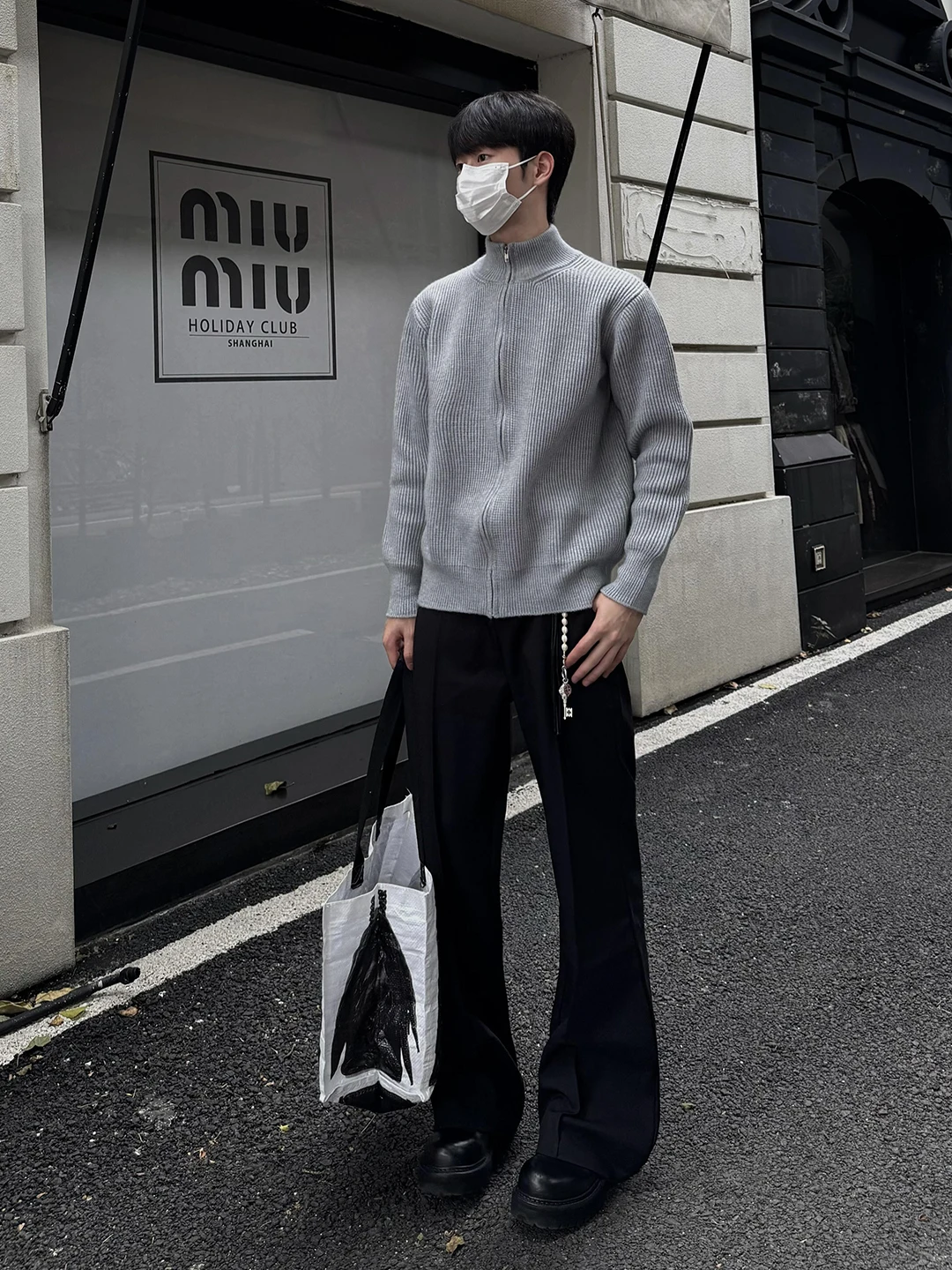 

Серый вязаный кардиган на молнии с двойной застежкой, воротником-стойкой, в корейском стиле, для мужчин, премиум-класса, осенний