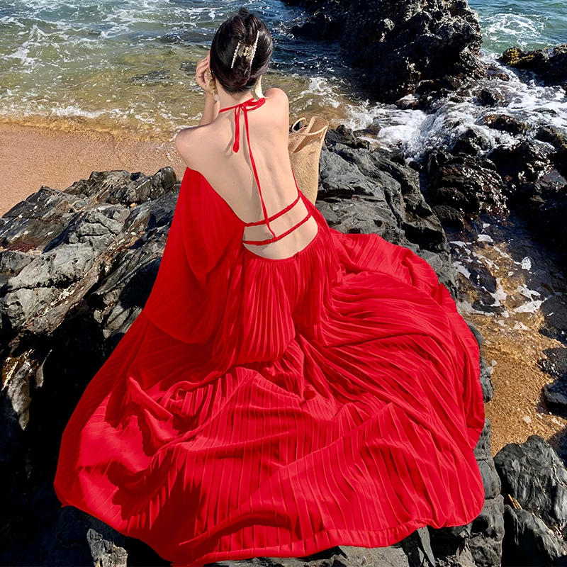 

Summer Chiffon Top Hollowed Back Pleated Large Hem Skirt Two Pieces Women Set Holiday Beach Fashion Sexy Female Clothes Set Red