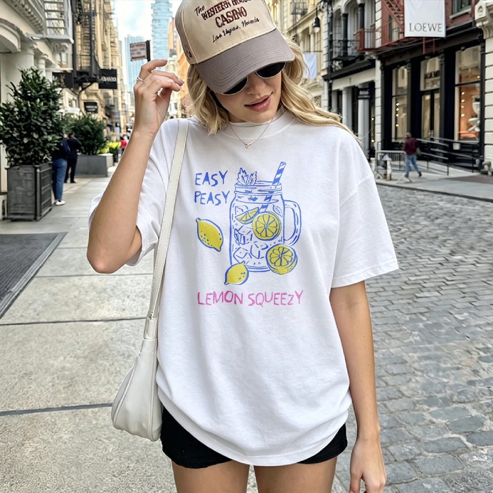 Women Easy Peasy Lemon Squeezy Lemonade Jar Print T Shirt Hand Drawn Fruit Graphic  Cotton Tee Sweet Casual Summer Daily Tops