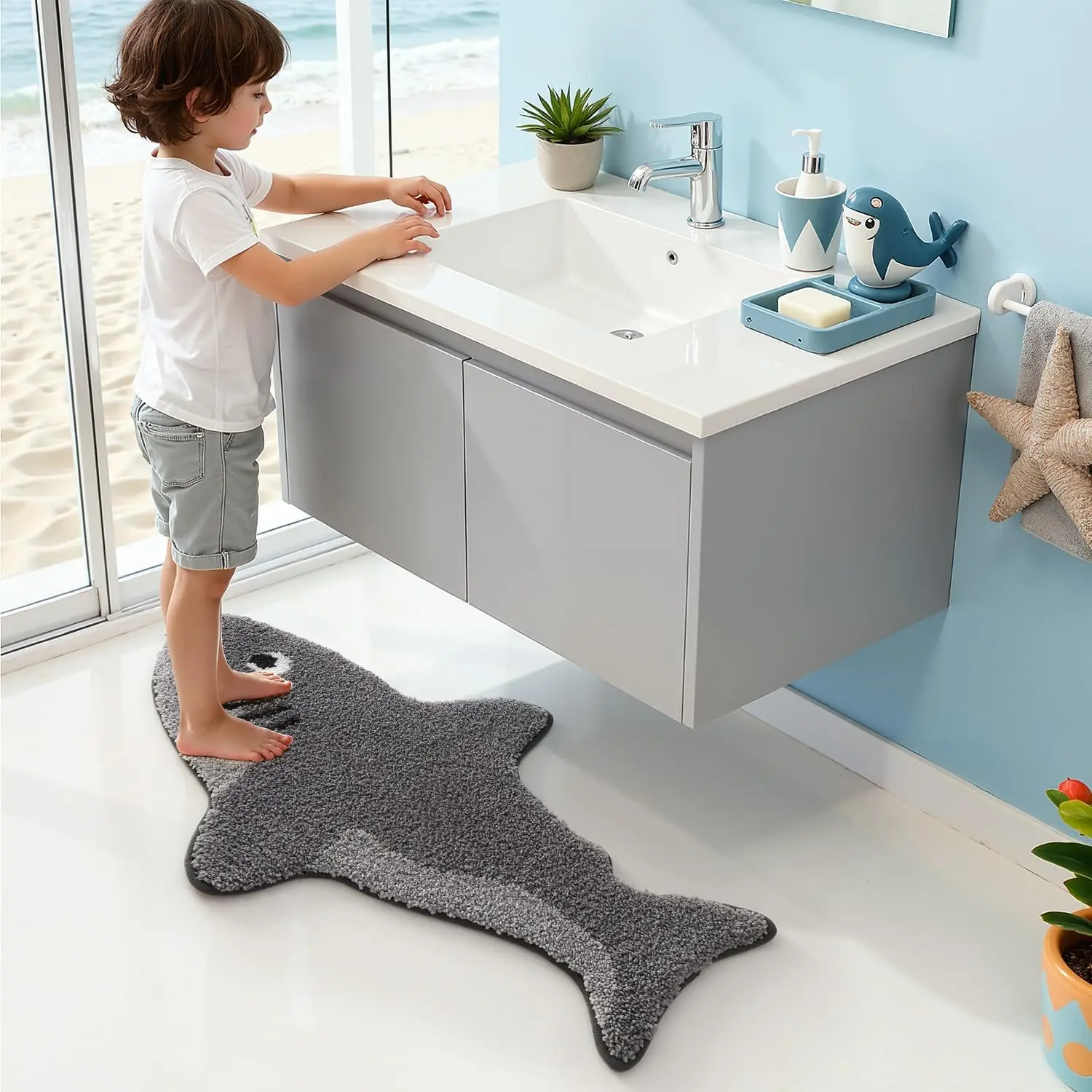 VIKAMA Cartoon Cute Shark Pattern Carpet, Bathroom Anti-Slip Absorbent Floor Mat, Bedroom Plush Carpet, Home Decoration