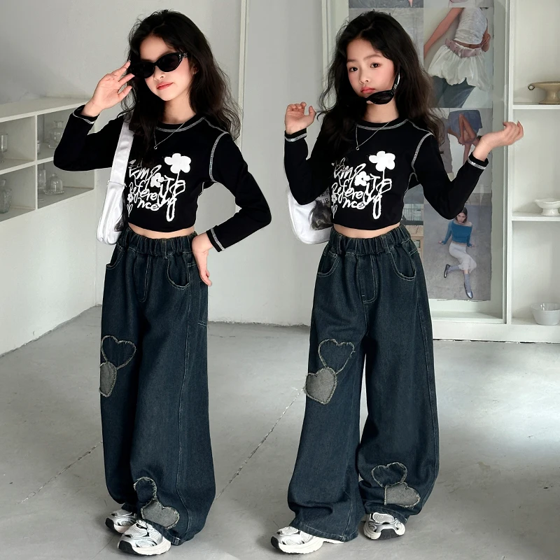 

Осенние джинсы Love Jeans для девочек-подростков, корейские хлопковые футболки с принтом для младших детей, топы, повседневные широкие брюки 4, 6, 8, 10, 12, 14, детская одежда