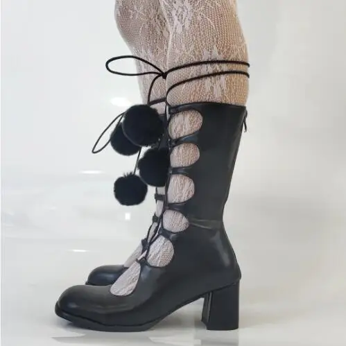 

Fashion Ladies Black Matte Leather Ball Fur Round Toe Cross Tied Mid-calf Boots Women Gladiator Lace Up Chunky Heels Boots Shoes