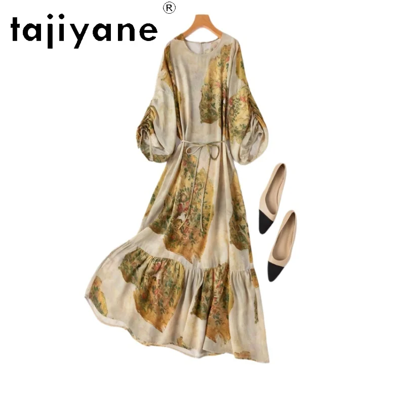 

TAJIYANE 100% Mulberry Silk Long Dresses 2025 Woman Summer Vintage Printed Dress Loose Party Dresses Women Clothing Vestidos