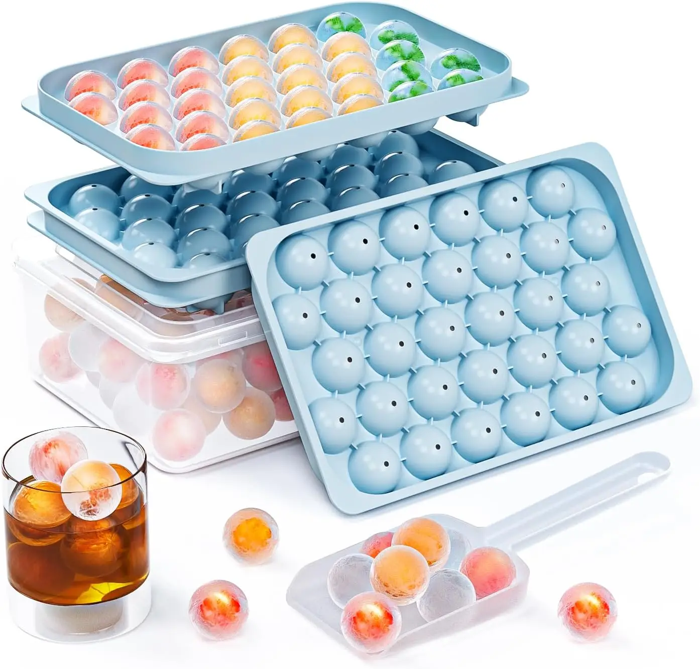 

Pack Ice Cube Trays For Freezer,64 Pcs Small Round Ice Trays For Freezer With Lid and Bin,Sphere Ball Ice Mold