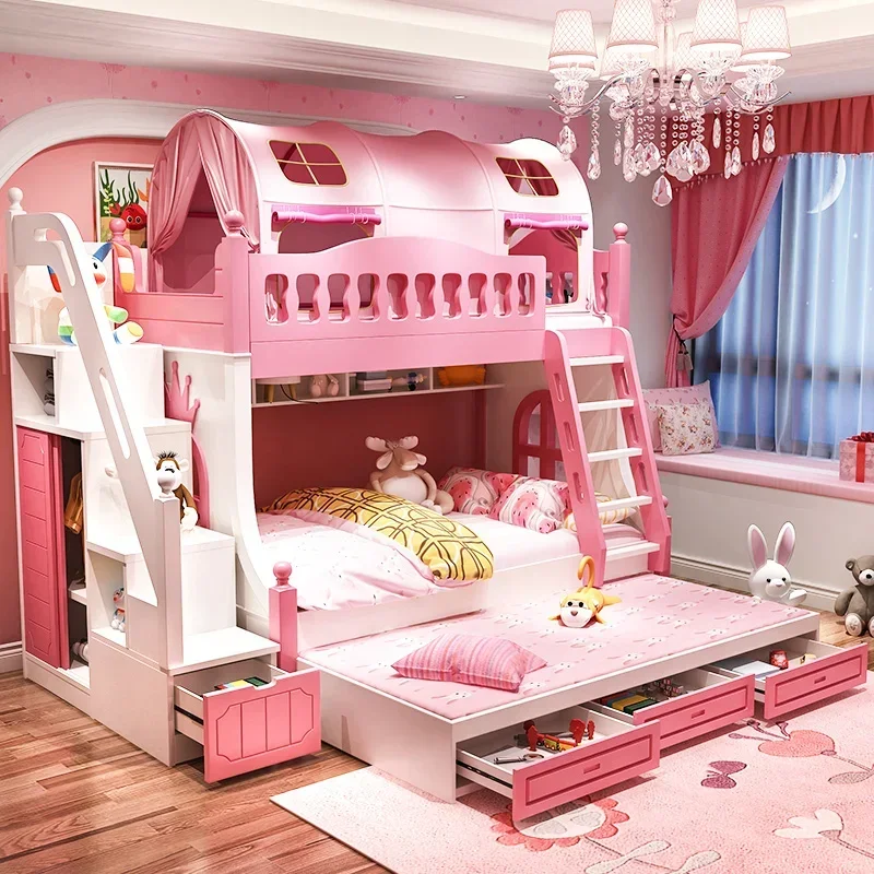 

Children's bed, low double decker bed, princess bed, solid wood mother child bed, with guardrails on the upper and lower bunks