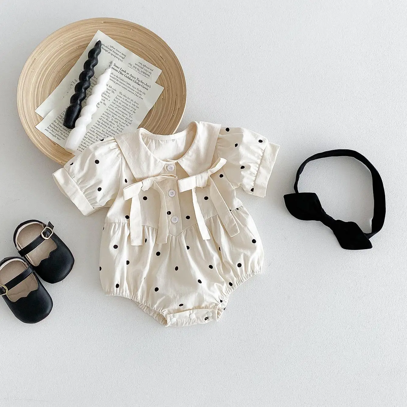 Summer Newborn Girl Baby Cute Dots Short Sleeve Bodysuit Infant Thin Comfort Casual Lapel Onesie + Hairband 2pcs Children Romper