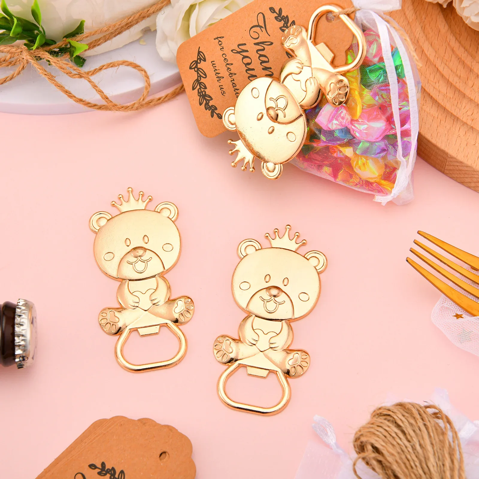 Gold Bear Bottle Opener Baby Shower Souvenir Gift Wedding Gift for Guest Party Favors Gift Bottle Opener with Mesh Bag  Elevator