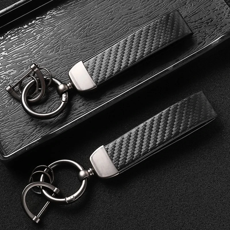 Carbon Fiber Leather Keychain, Durable Metal D-ring Car Key Strap with Key Ring