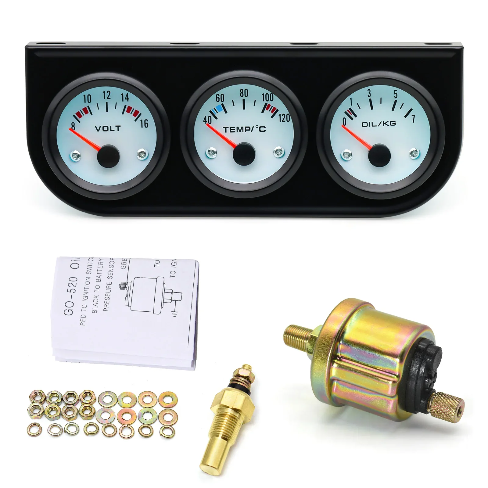 Jane Car Analyste de triple compteur avec capteur religieux, tension, température de l'eau, jauge de pression d'huile, adaptateur de tuyau, 3 en 1, 26mm-40mm, 12V, 52mm