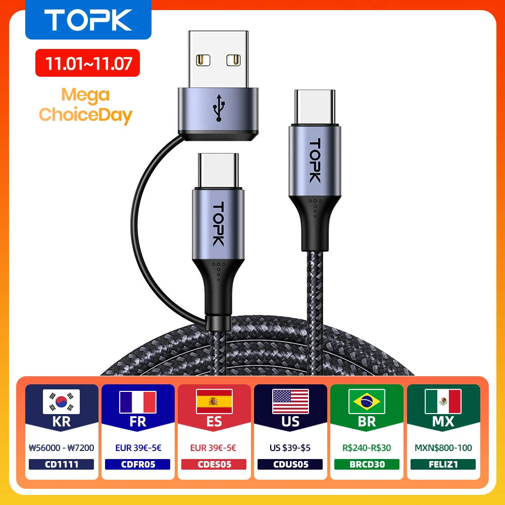 TOPK 60W PD Fast Charger Cable USB C to USB Type C Cable for MacBook Pro USB C PD Cable Fast Charging for Samsung Xiaomii