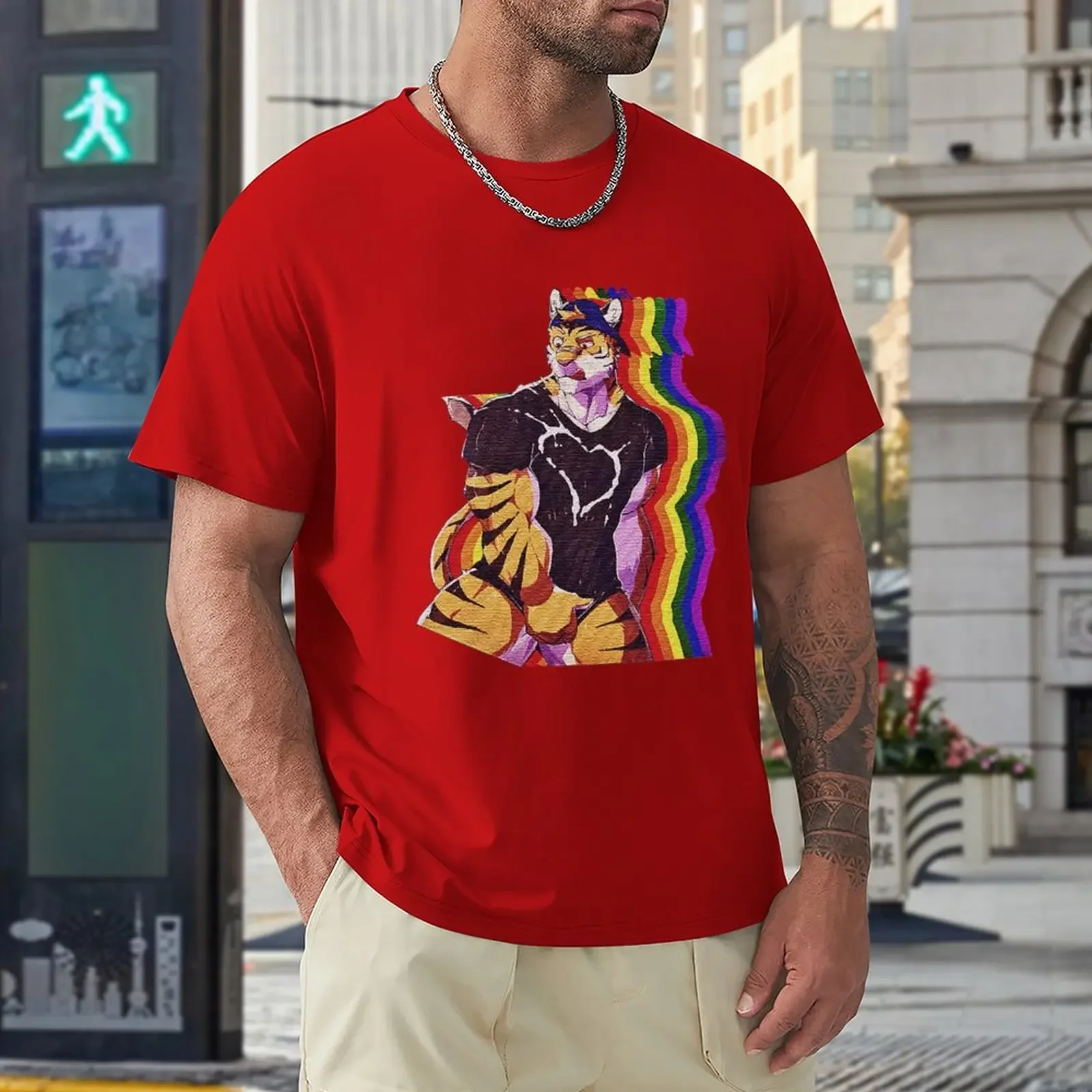 Sexy furry tiger bara with vintage rainbow flag T-Shirt boys t shirts hippie clothes cat shirts mens clothes