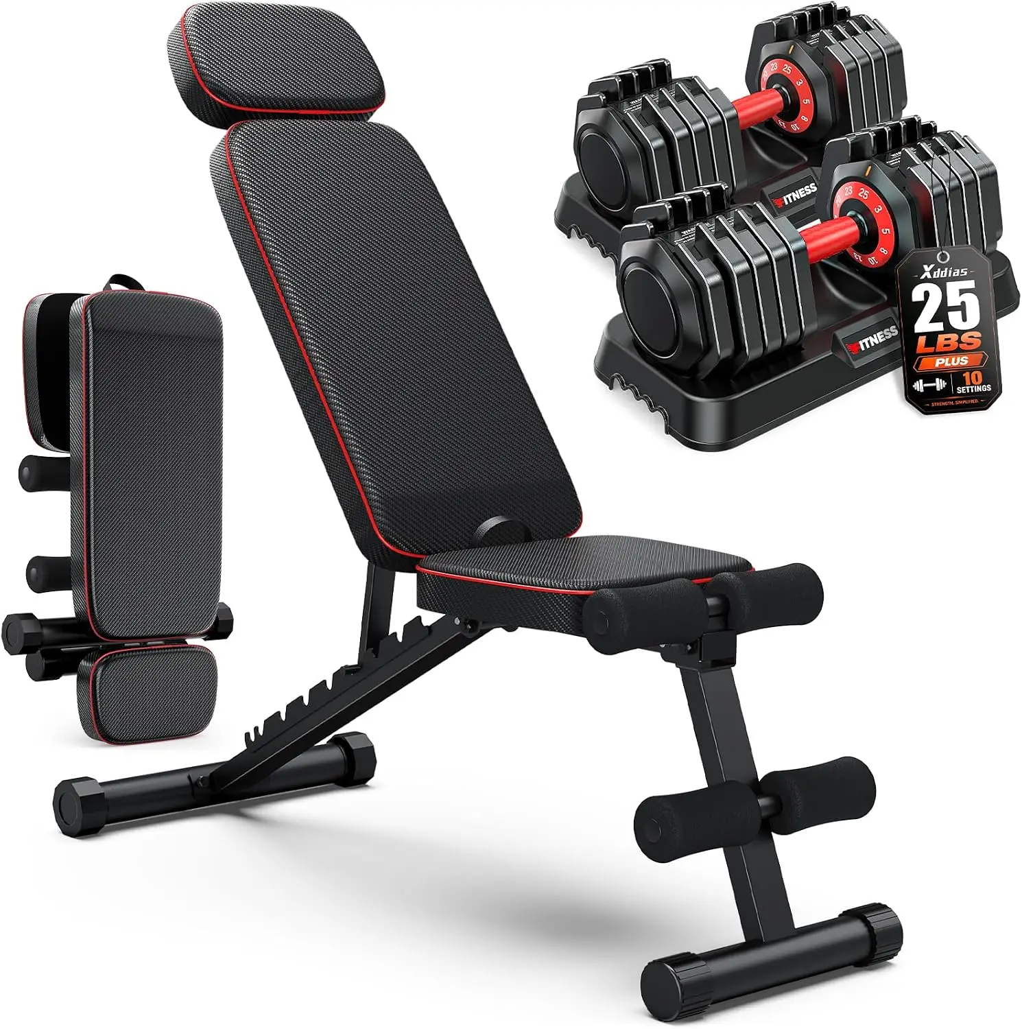 Adjustable Dumbbell Set with Foldable Weight Bench for Home Gym Use, Full Body Strength Training Equipment